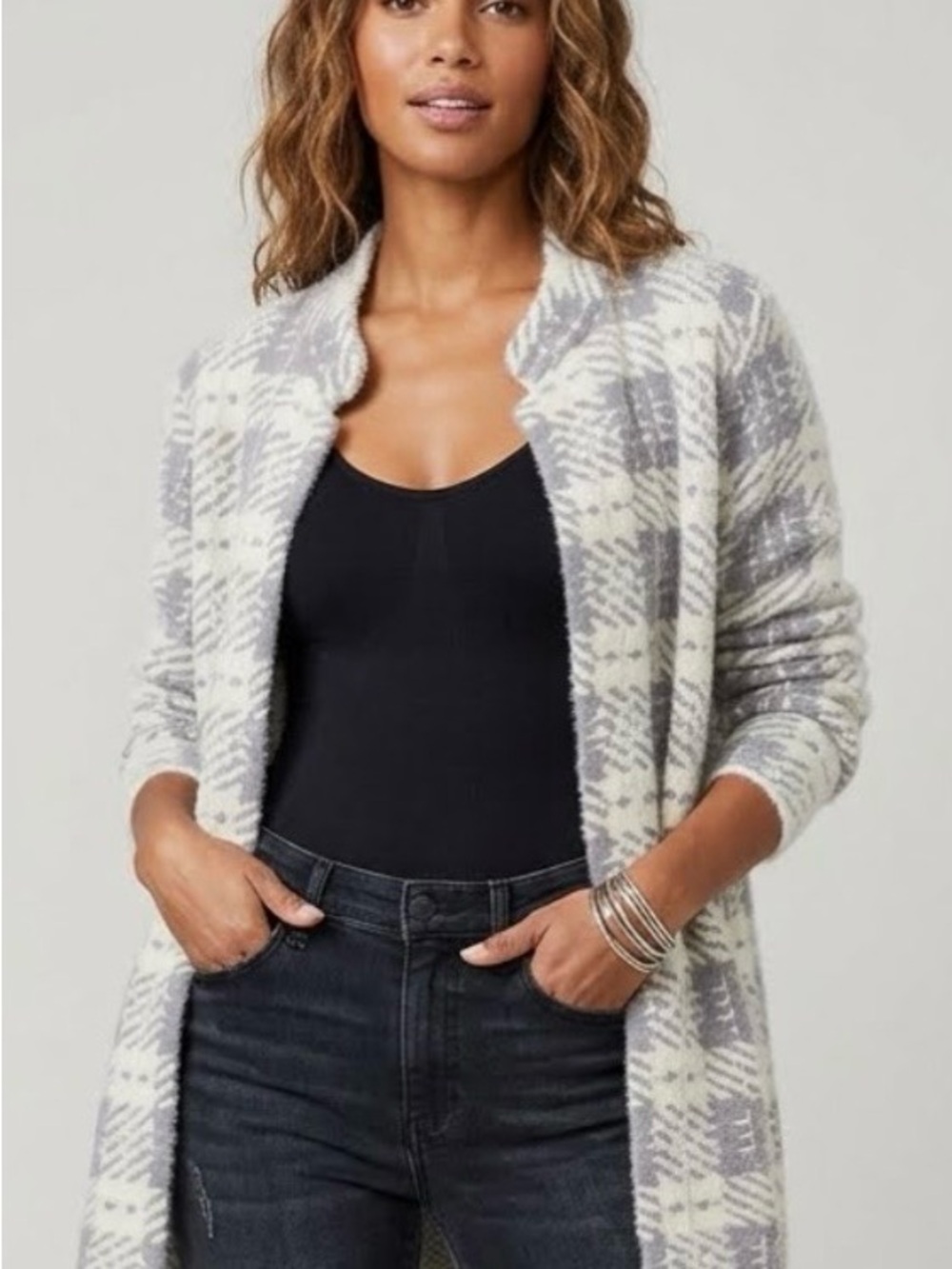 Plaid Open-Front Long Cardigan in Gray and Cream